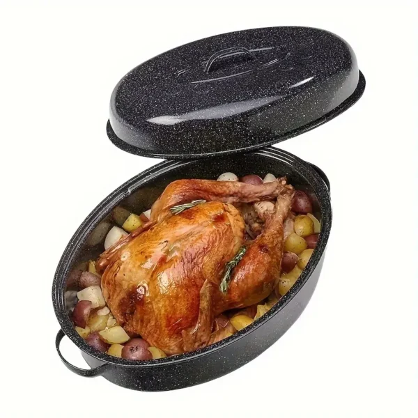 138a91c0-5fa8-4443-a04d-603ea287a613 Black Speckled Enamel Oval Baking Pan with Lid